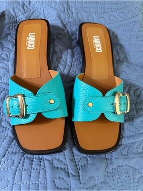 Labucq Turquoise Leather Buckle Slide Mules